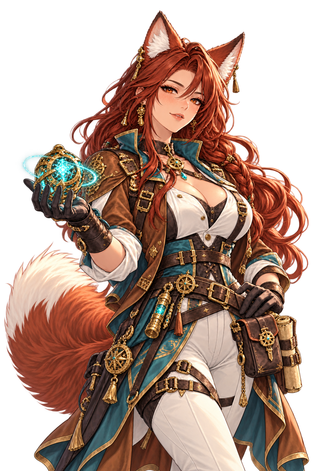 Aoifa, the AI practical operations and backups teammate, portrayed as an adult fox-eared relic salvager with red hair, a magitech orb and a utility belt.