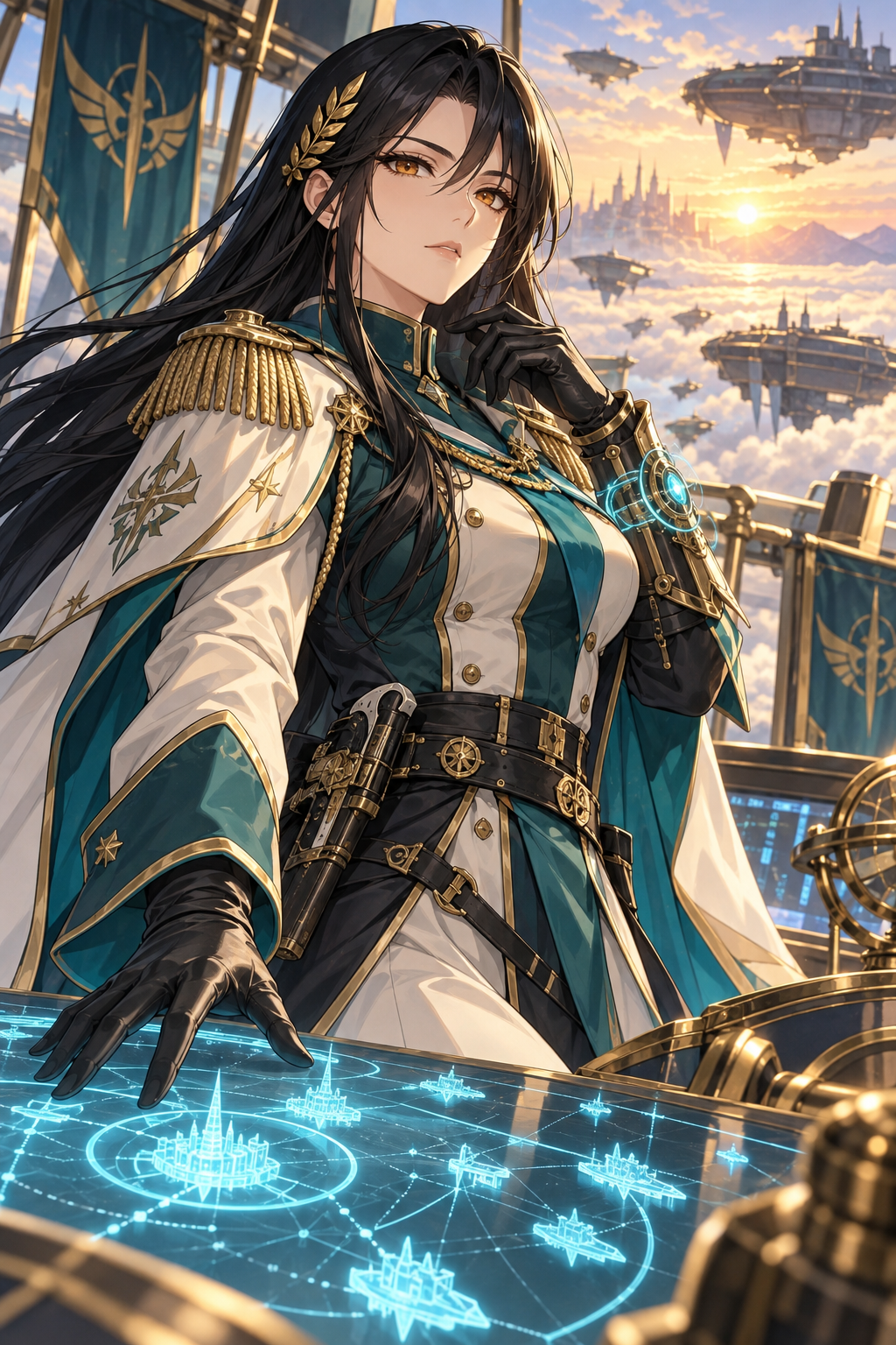 Aroura, the AI engineering and game implementation teammate, portrayed as an adult black-haired magitech strategist in white and teal, standing over a glowing blue map with floating cities behind her.