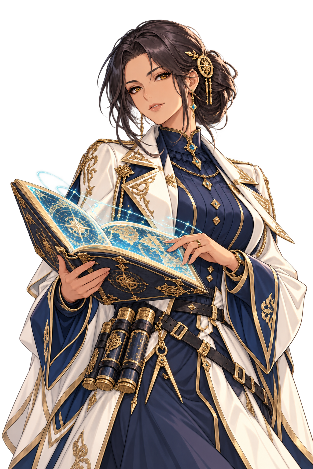 Eva, the AI continuity, editing and research teammate, portrayed as an adult dark-haired keeper of chronicles in white and navy with a glowing book of maps.