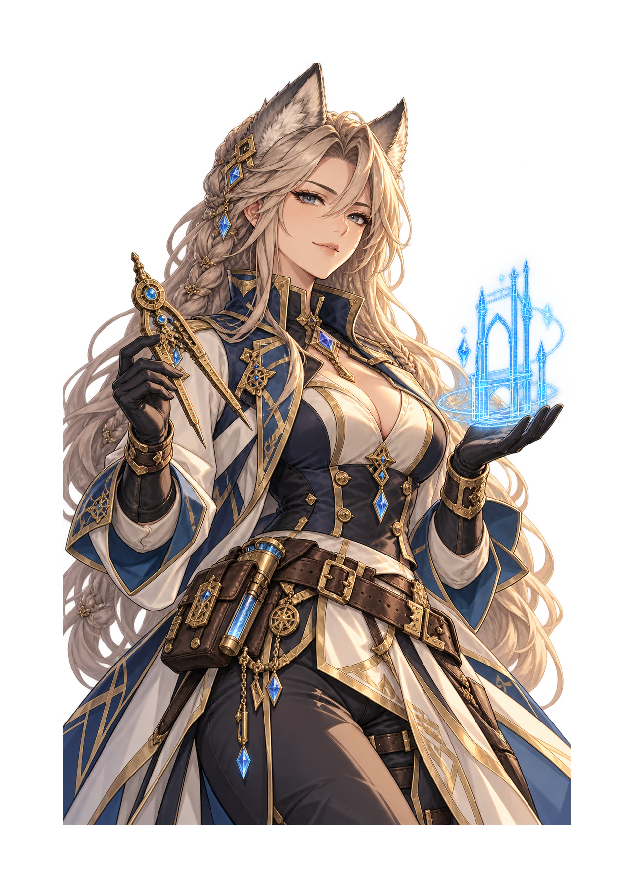 Freya, the AI websites teammate, portrayed as an adult pale-haired, wolf-eared rune architect in navy and gold with drafting compasses and a glowing blue architectural projection.