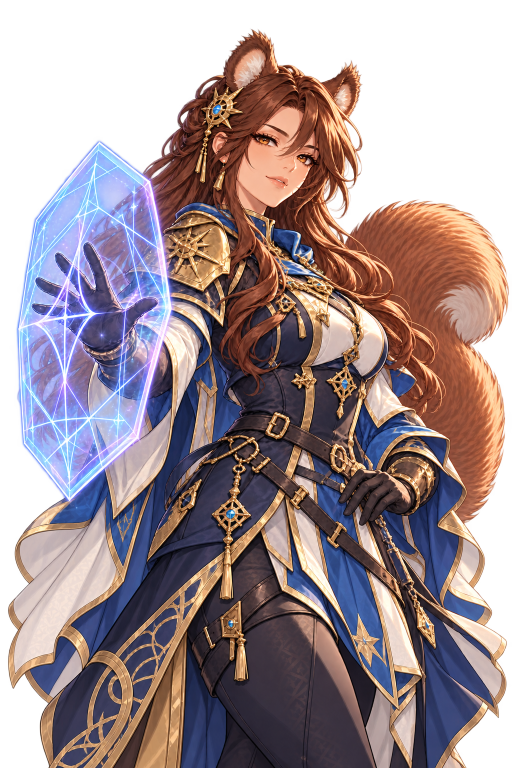 Hazel, the AI QA, integration and security teammate, portrayed as an adult squirrel-kin arcane sentinel in blue and gold with a glowing magical shield and a curling tail.