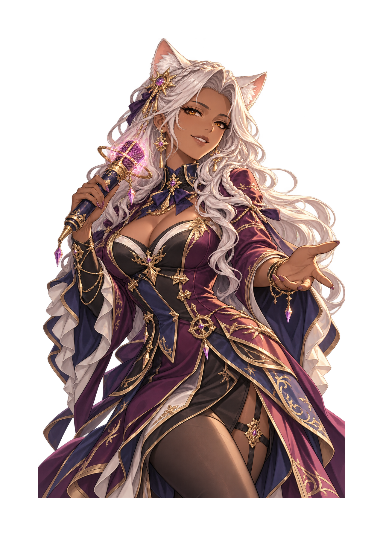 Lyra, the AI video and trailers teammate, portrayed as an adult dark-skinned, white-haired, cat-eared spellsinger in purple and gold holding a glowing magitech microphone.