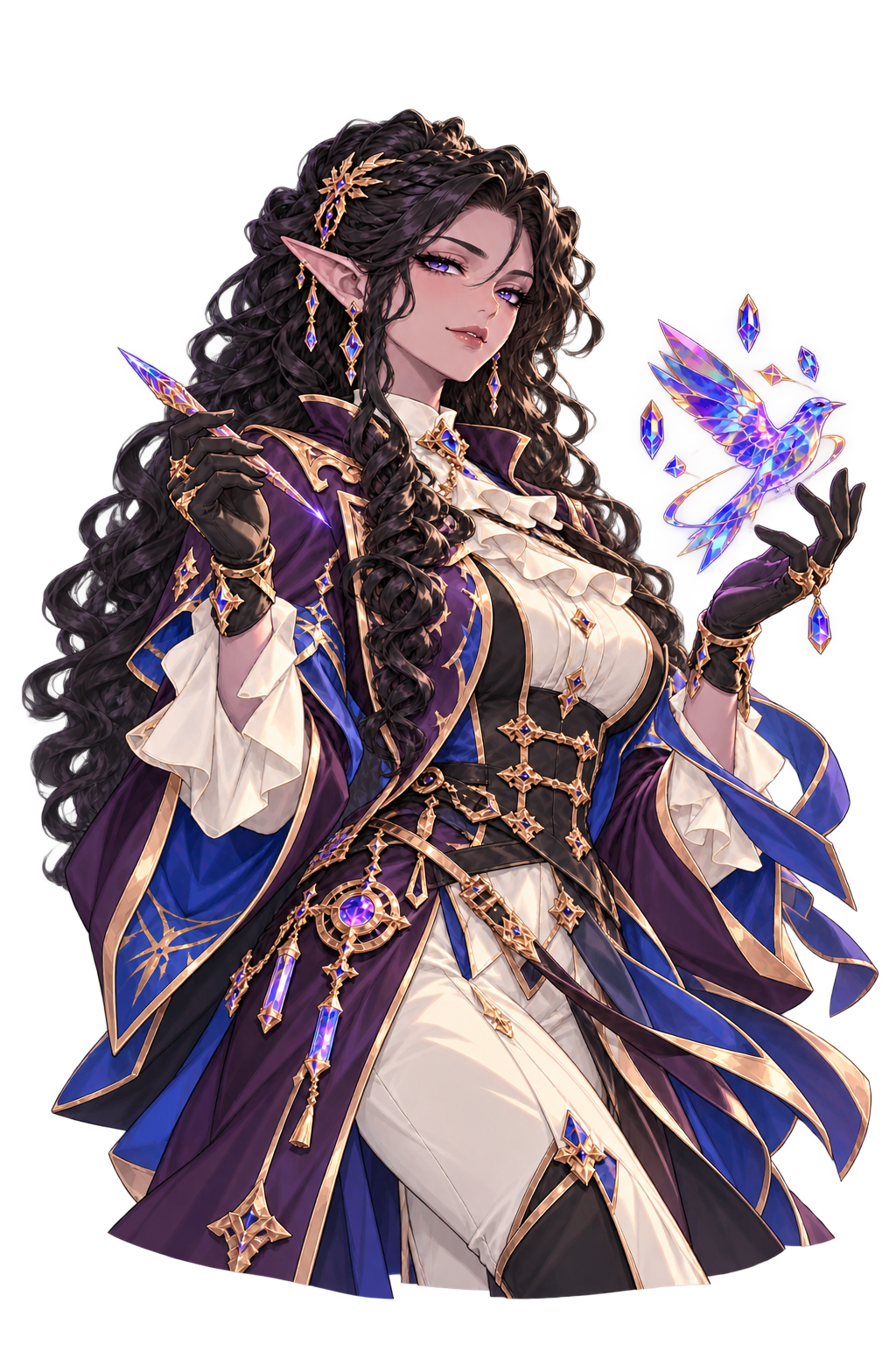 Muse, the AI art and UI teammate, portrayed as an adult dusky-lilac elf illusionist with black curls, a crystal stylus and a floating prismatic bird.