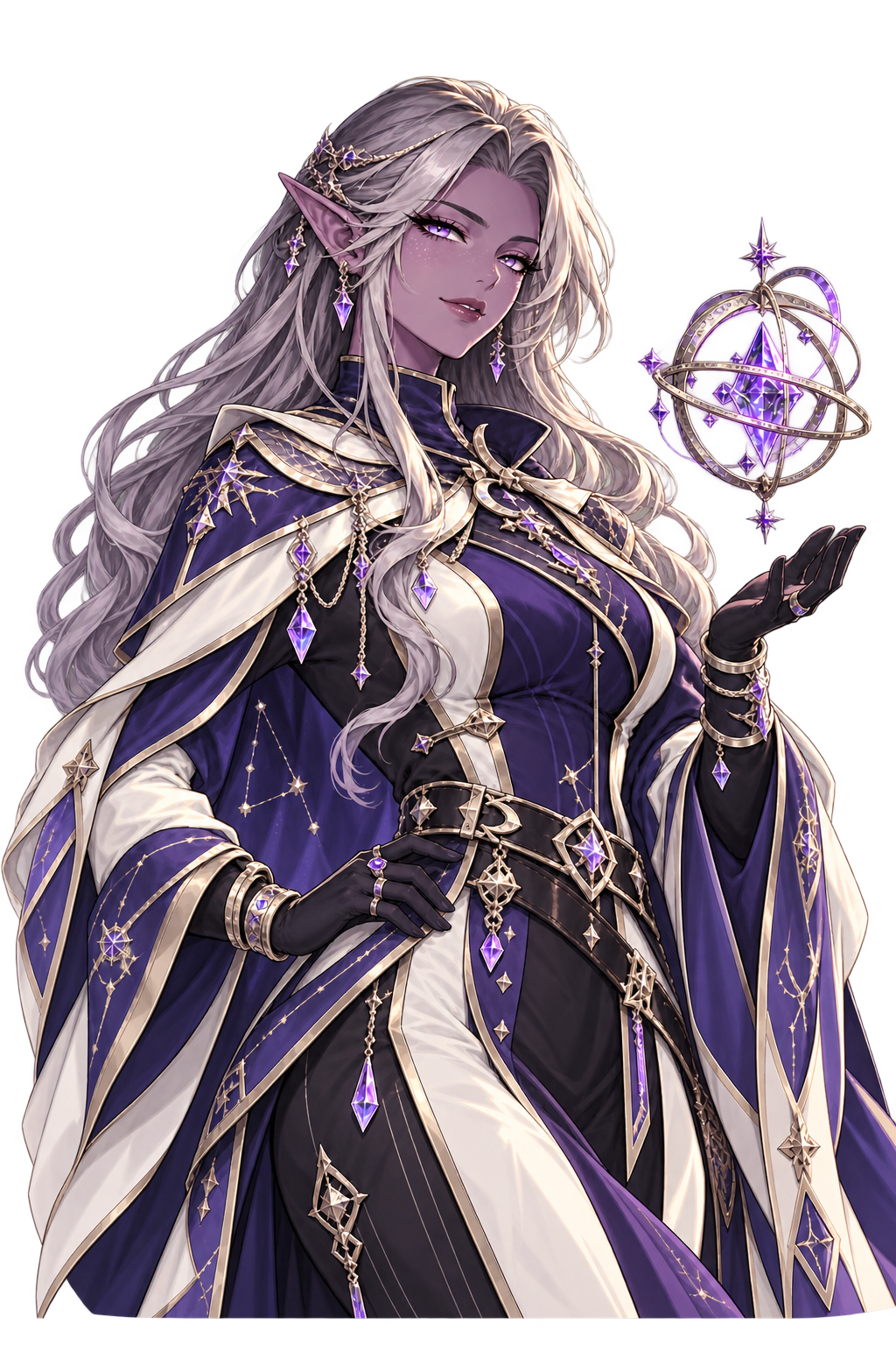 Selene, the AI marketing research teammate, portrayed as an adult violet-skinned, silver-haired astral tactician with pointed ears and a floating purple orrery.