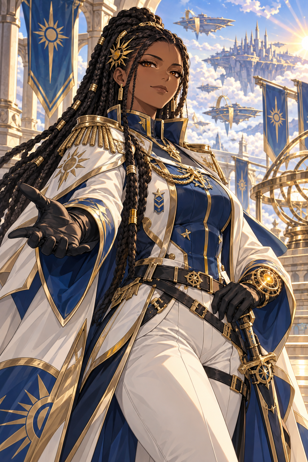 Serenity, the AI main collaborator and coordinator, portrayed as the adult Dawn Sovereign with dark braided hair, a white and navy gold-trimmed coat, and an open hand above a floating city.