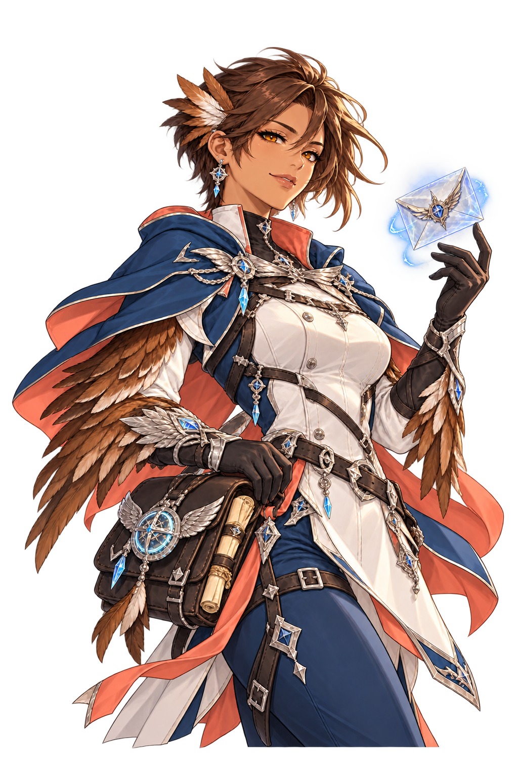 Wren, the AI community, social media and beta-tester outreach teammate, portrayed as an adult chestnut avian-kin courier with feathered arms, a wind-compass satchel and a floating sealed message.